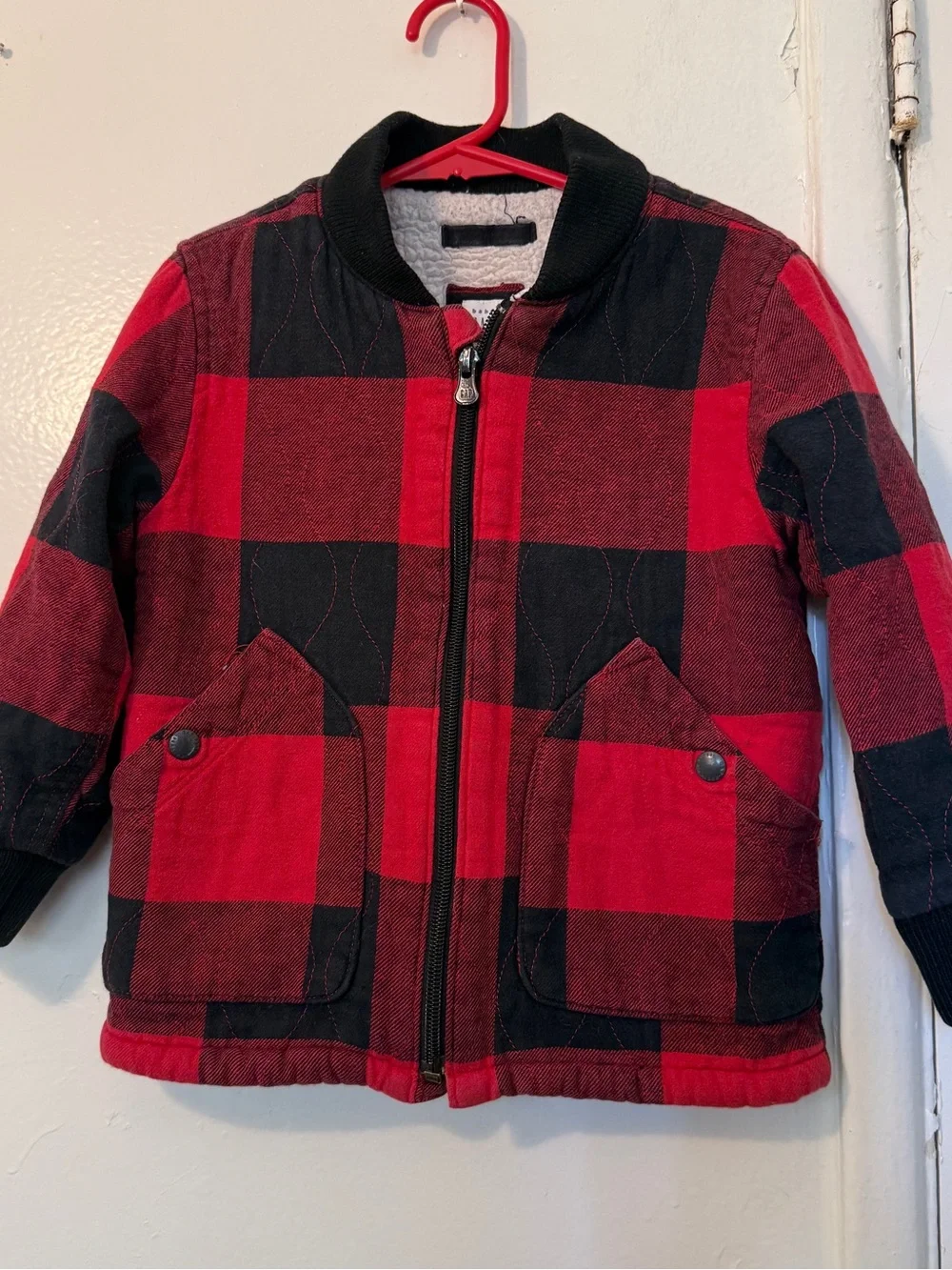 Baby GAP Toddler Red Black Buffalo Plaid Sherpa Lined Bomber Jacket 4T